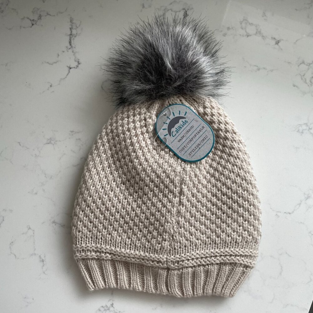 CaliKids Fleece Lined Wool Blend Knit Toque/Hat Pom Pom Soft Grey/Taupe Junior - Picture 4 of 9